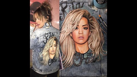 portrait of Rita Ora on denim jacket