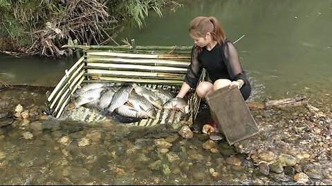 Fishing Techniques | build a fishing net system on a small tributary | catch a lot of fish Ep39