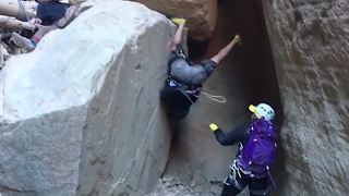 Man Repelling On Rocks Gets Stuck and Needs Help