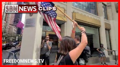 NYC: Protesters Holding Upside Down American Flag and "Trump Won" Flag Outside - 3910