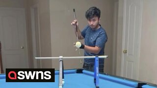 Pool player performs complicated shots and pots the ball every time