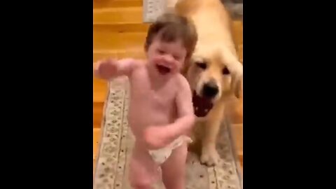 Cute baby enjoys playing with dog🥰🥰