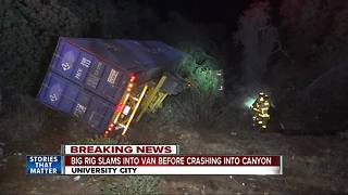 Big rig hits stalled van, tumbles into ditch off I-805