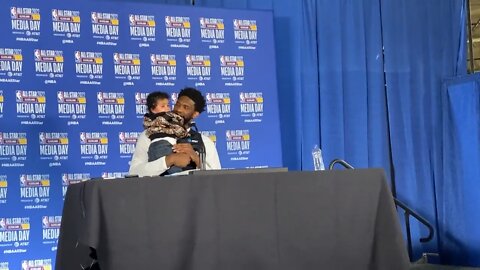 Joel Embiid talks about his case for MVP, with a cameo from his son, Arthur