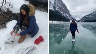 Mesmerizing footage of ice skating on a frozen lake