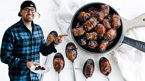 Bacon Wrapped Dates with Bourbon Caramel Sauce