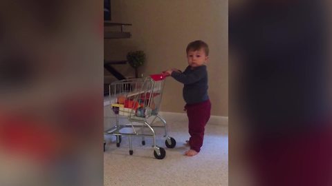 Tot Boy Tries To Move A Toy Shopping Cart Across The Room