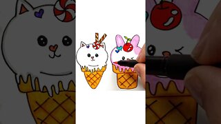 How to draw and paint Cute Animals Ice Cream Kawaii #shorts