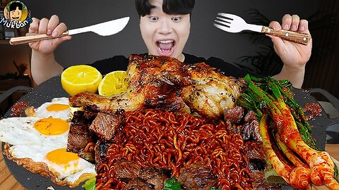 ASMR MUKBANG | Fried Chicken, steak, black bean noodles, kimchi Korean Food eating