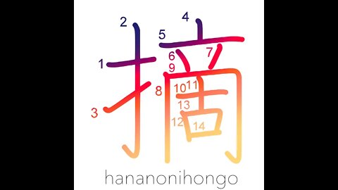 摘 - to pinch/pluck/trim/clip/summarize - Learn how to write Japanese Kanji 摘 - hananonihongo.com