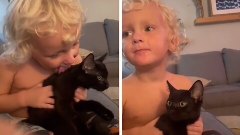 Toddler Returns The Favor, Helps Groom His Kitty