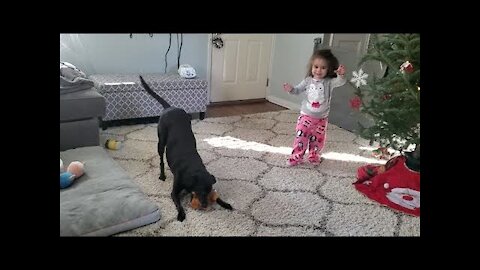Toddler and doggy adorably spin in circles together