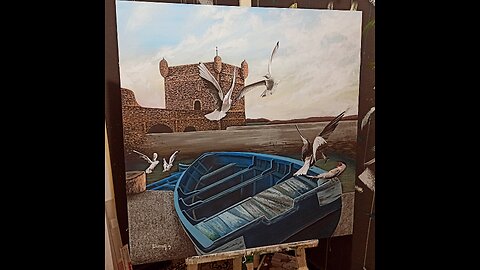 painting will not be breathtaking unless you capture the seagulls flying beside the blue boat