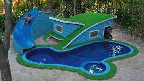 90 Days Build Underground Hut with Grass Roof And Swimming pool With Water Slide