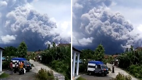 Semeru Volcano in Indonesia erupts into the sky