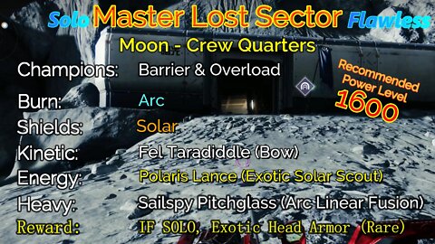 Destiny 2 Master Lost Sector: Moon - K1 Crew Quarters on my Hunter Solo-Flawless 10-10-22