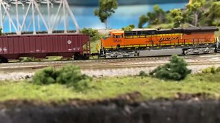 N scale grain train entering the main