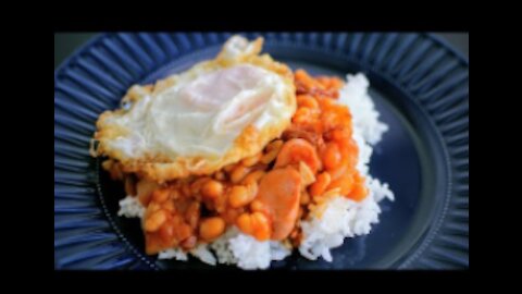 Bacon Hotdog Baked Beans From The Can | Quick And Easy To Cook Delicious Rice Toppings