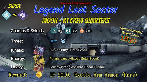 Destiny 2 Legend Lost Sector: Moon - K1 Crew Quarters on my Arc Hunter 6-26-23