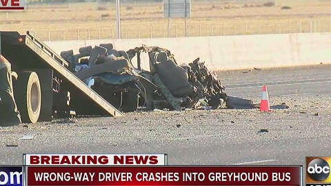 Reported wrong-way driver crashes head-on into Greyhound bus in Goodyear on I-10