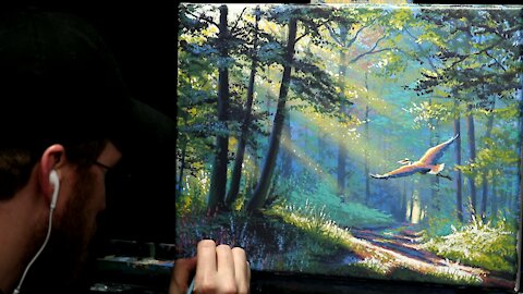 Acrylic Landscape Painting of a Forest Path with Heron - Time Lapse - Artist Timothy Stanford