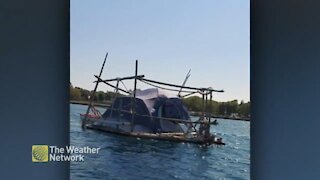 A tent on a raft creates a floating haven on Georgian Bay