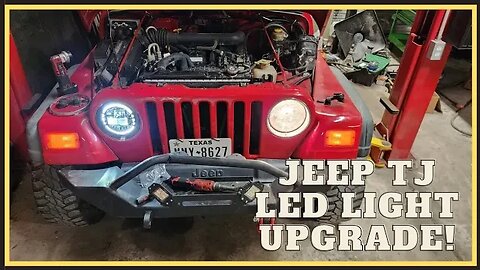 Jeep TJ LED Headlights upgrade from Amazon with daytime running light halos.