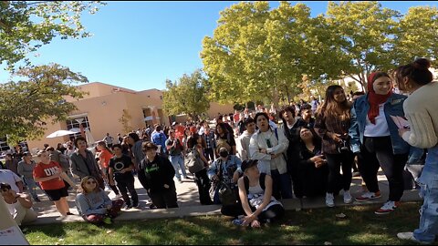 Univ of New Mexico: Biggest Crowd Ever, Demon-Possessed Student Tries to Wrench My Banner From Me, He Gets Tackled to the Ground, Extremely Hostile Crowd, But Jesus is Exalted & Another Campus Christian Ministry Prays For Me and Helps Me Minister