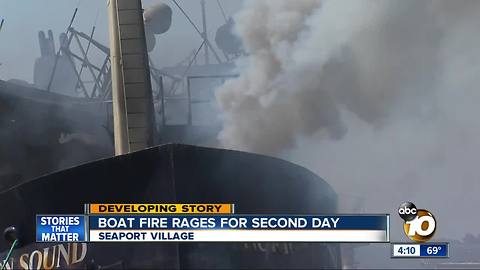 Boat fire rages for second day on San Diego Bay