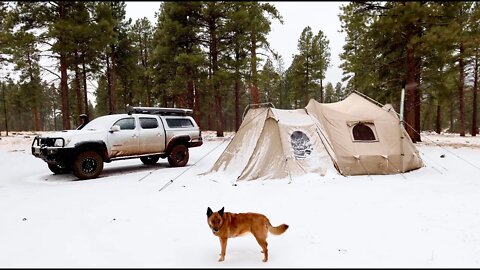Wood Stove Forest Camping, Current Snowstorm in Arizona - Deploying Big Tent, It's Starting To Snow!
