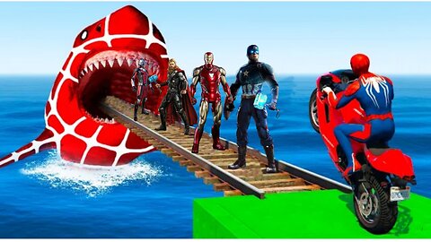 GTA V MEGA RAMP BOATS CARS MOTORCYCLE WITH TREVOR ALL SUPER HEROES NEW STUNT MAP CHALLENGE
