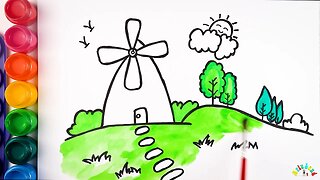 Drawing and Coloring Windmill on a Hill for Kids & Toddlers | Ariu Land