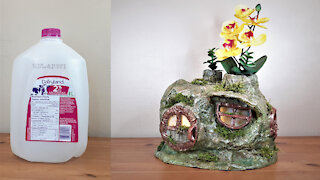 Hobbit House inside a Rock made from Milk Container // DIY Planter