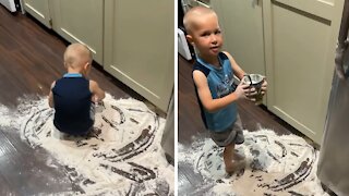 Kid Makes An Enormous Mess On The Kitchen Floor