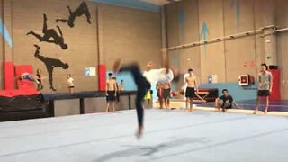 Gymnast undertakes 20 acrobatic back flips using only one leg