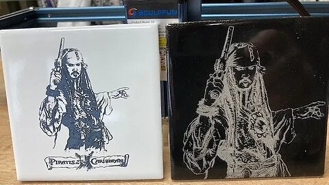 Captain Jack Sparrow visits the shop. I engraved two images using two methods.