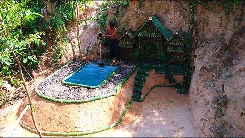 Build House Under The Cliff & Build Swimming Pool Using Bamboo