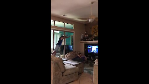 Dude jumps onto beanbag, sends sister flying into the air