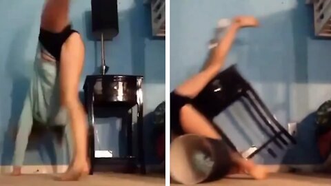 Headstand gone wrong when girl fall on the table