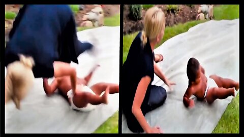Baby slips in water and knocks over mother