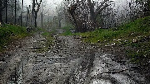 Rain in puddles on a muddy farm road near Kashan, Iran