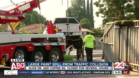 Paint spill and crash blocks lanes of traffic in northwest Bakersfield