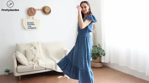 Women Boho Maxi Dress Long Sleeve V Neck Swiss Dot Smocked High Waisted