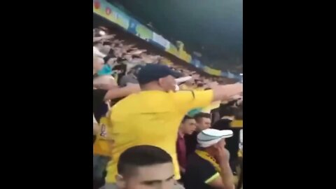 Ukraine football fans. Thousands of people raise their arms to make the Nazi salute during a Ukraine national team football game.