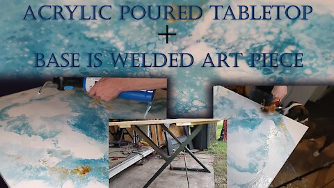 Rookie Artist makes a table. Did an acrylic paint poured tabletop and functional art piece for base