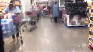 Long lines and empty shelves at grocery stores