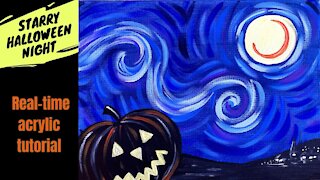 E88- 'Starry Halloween Night' Easy Halloween acrylic painting tutorial Starry Night jack-o-lantern