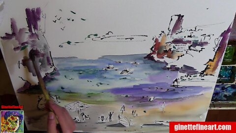 Ginette painting a watercolor and Ink Amalfi Cove Italy