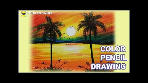 Color pencil drawing Nature scenery for beginners / Sunrise scenery painting easy