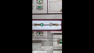 Two stone round emerald and kite diamond bezel solid gold bangle statement bracelet 18K yellow gold